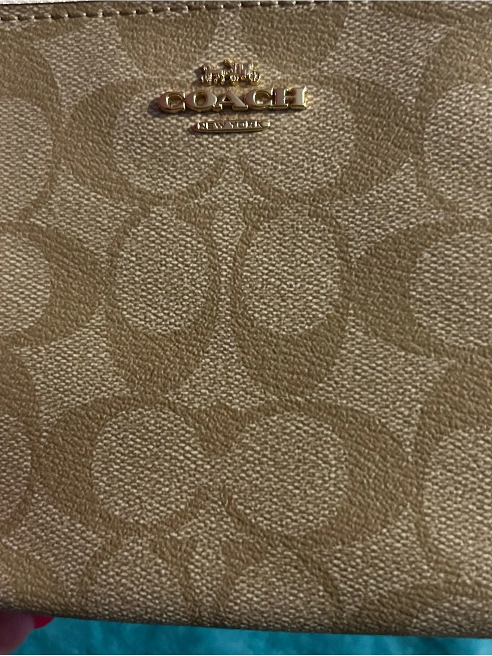 Coach Tan Signature Zip Wristlet with Logo Print